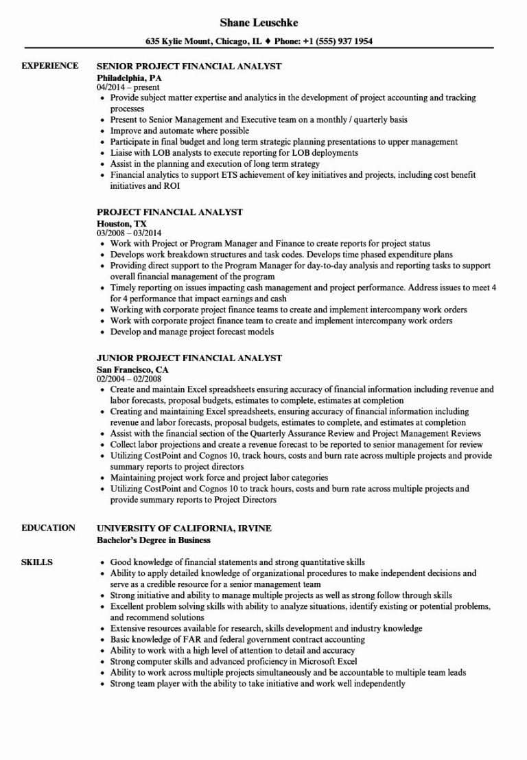 Project Financial Analyst Resume