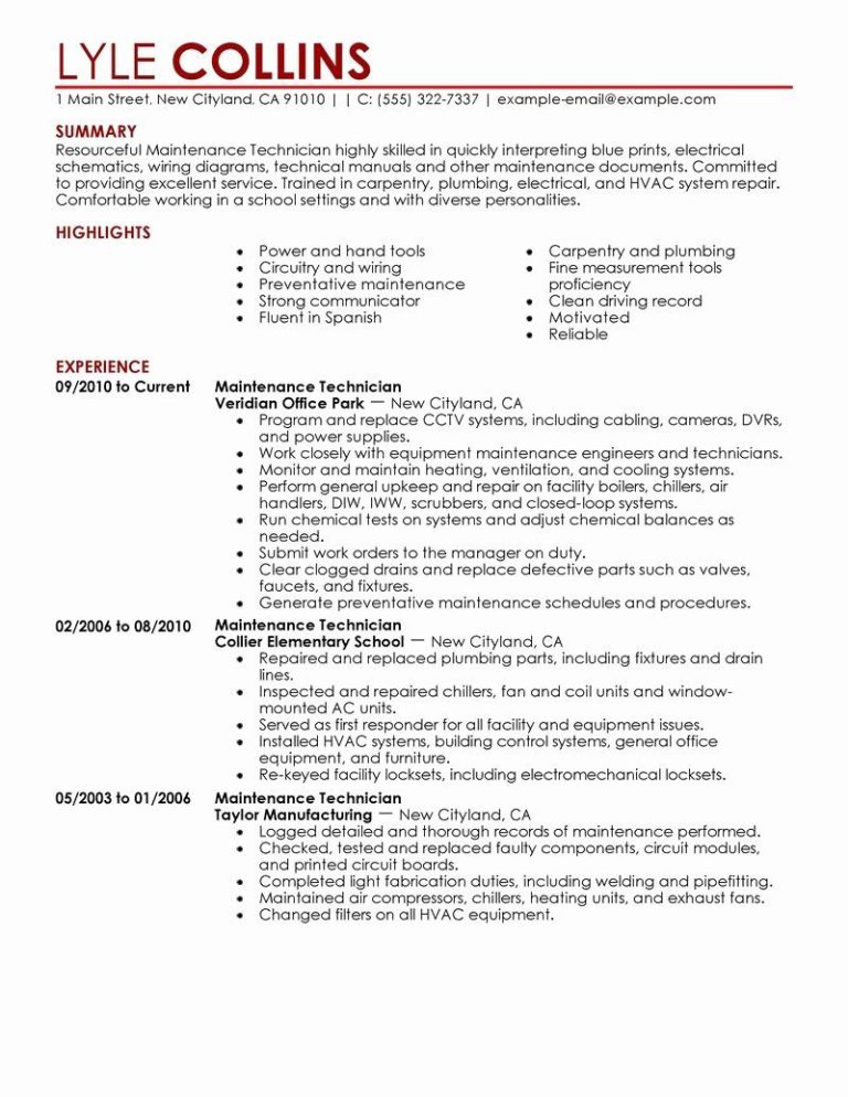 Maintenance Mechanic Resume Examples