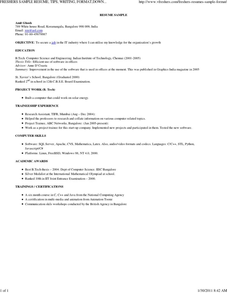 FRESHERS SAMPLE RESUME, TIPS, WRITING, FORMAT,DOWNLOAD FREE EXAMPLE