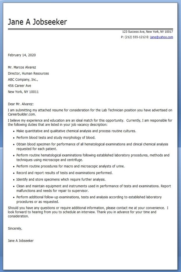Lab Technician Cover Letter Examples Resume Downloads Cover letter