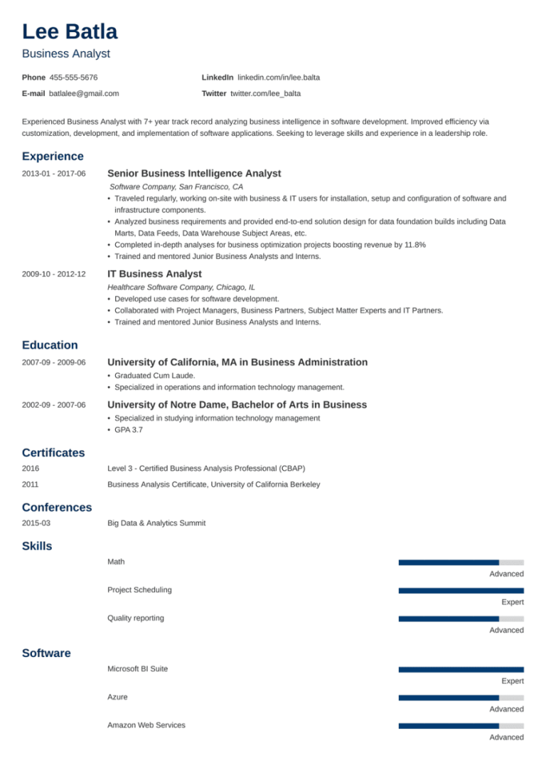 Business Analytics Student Resume