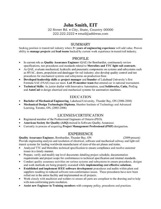 Quality Assurance Engineer Experience Resume