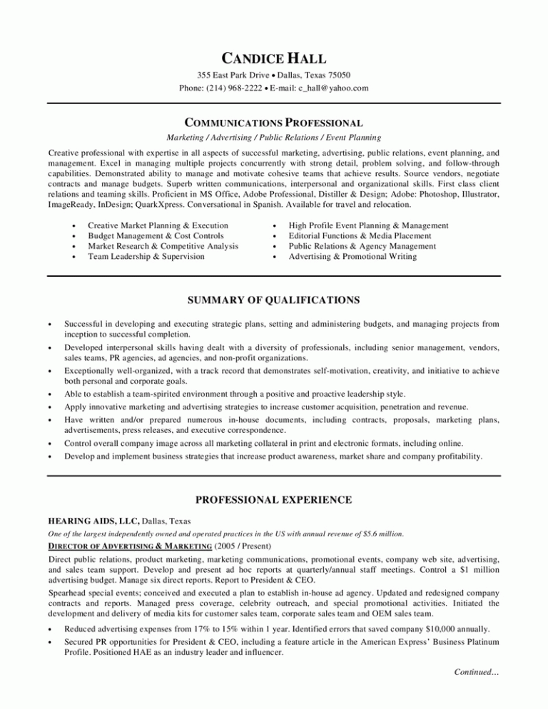 Resume Summary Of Marketing Manager