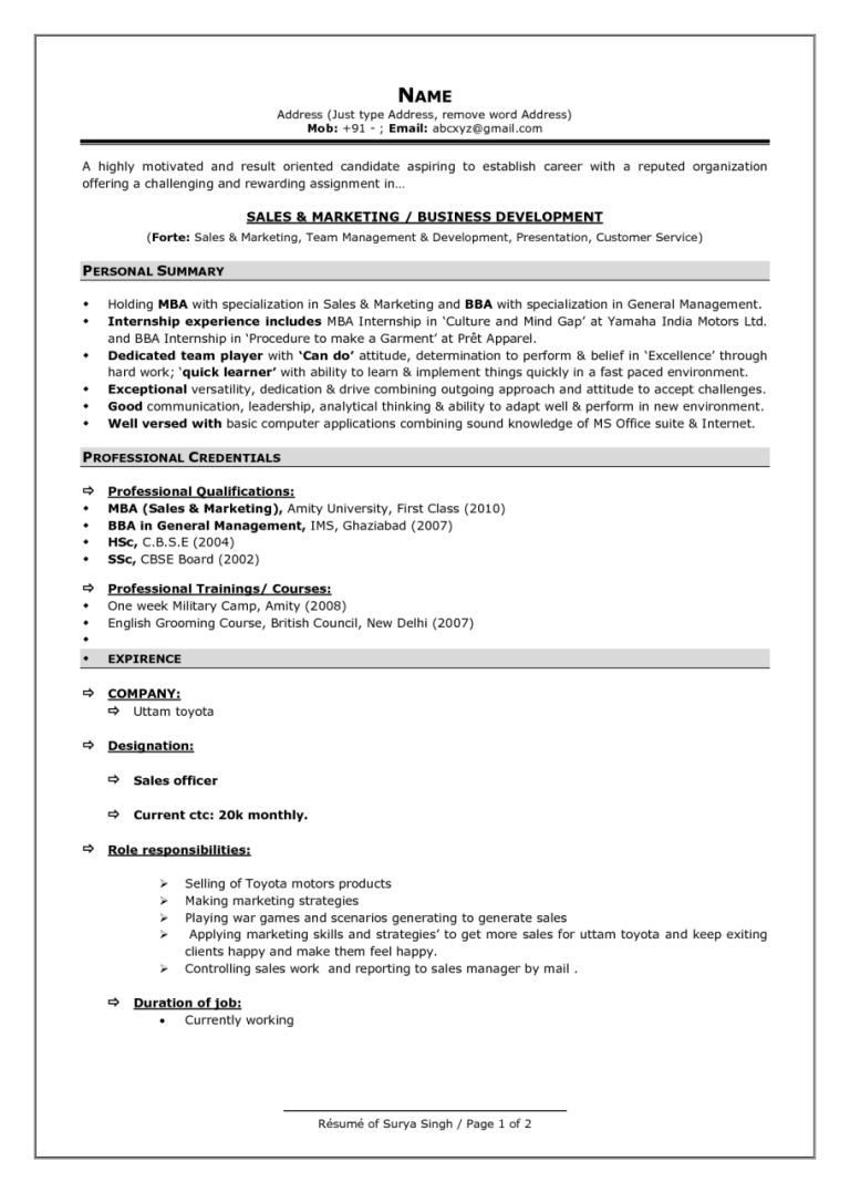Current Resume Format Examples