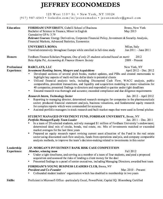 Investment Banking Resume Format