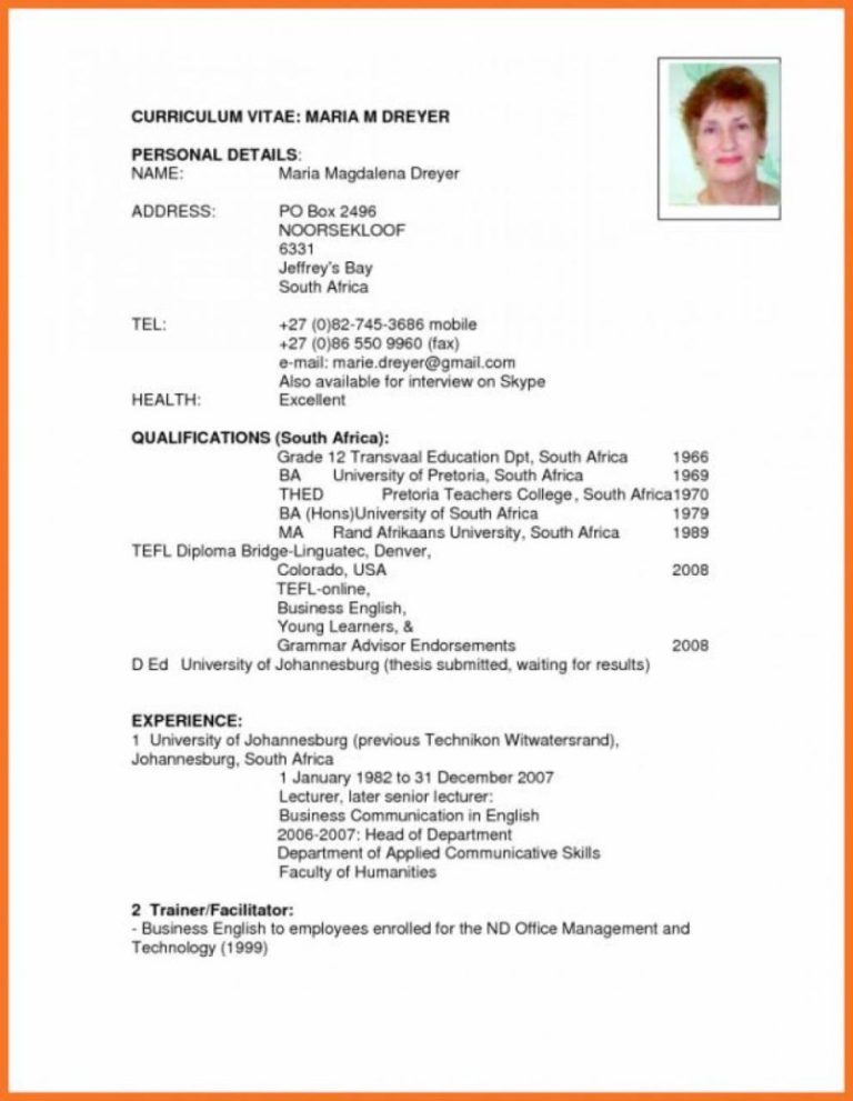 Example Of Professional Cv In South Africa