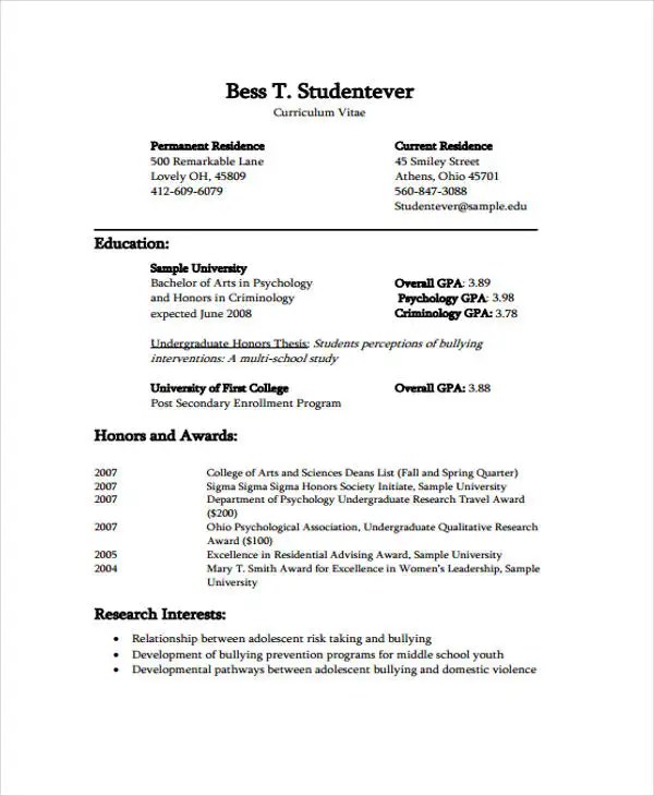 How To Write A Curriculum Vitae College Student