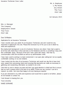 Insurance Technician Covering Letter Example