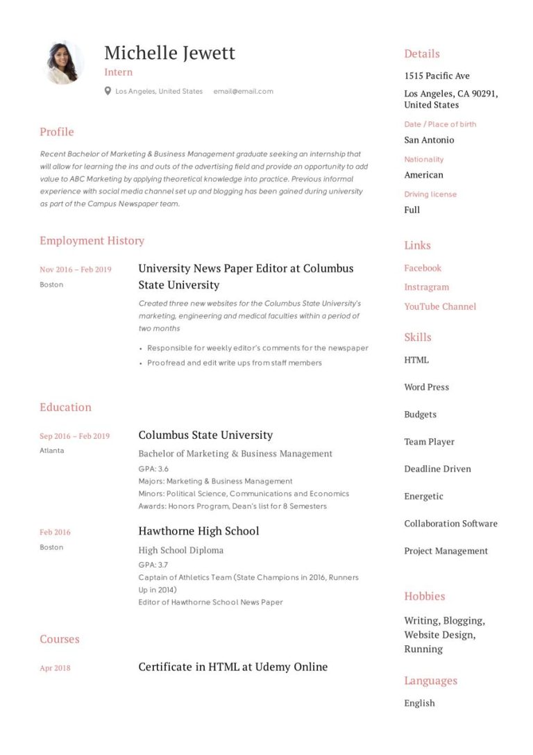How To Write A Resume For An Internship In College