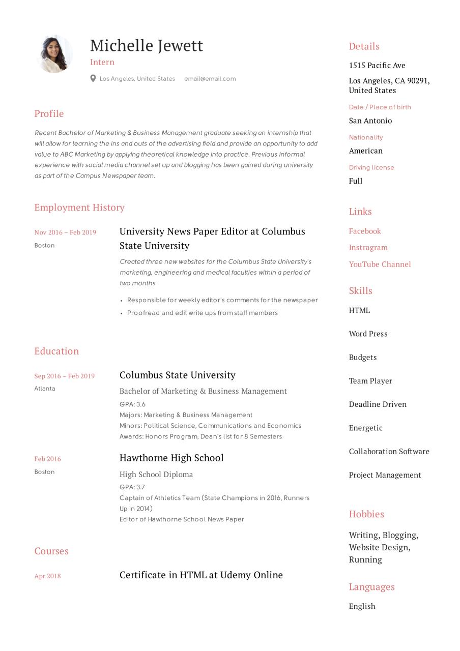 Intern Resume & Writing Guide + 12 Samples PDF 2020
