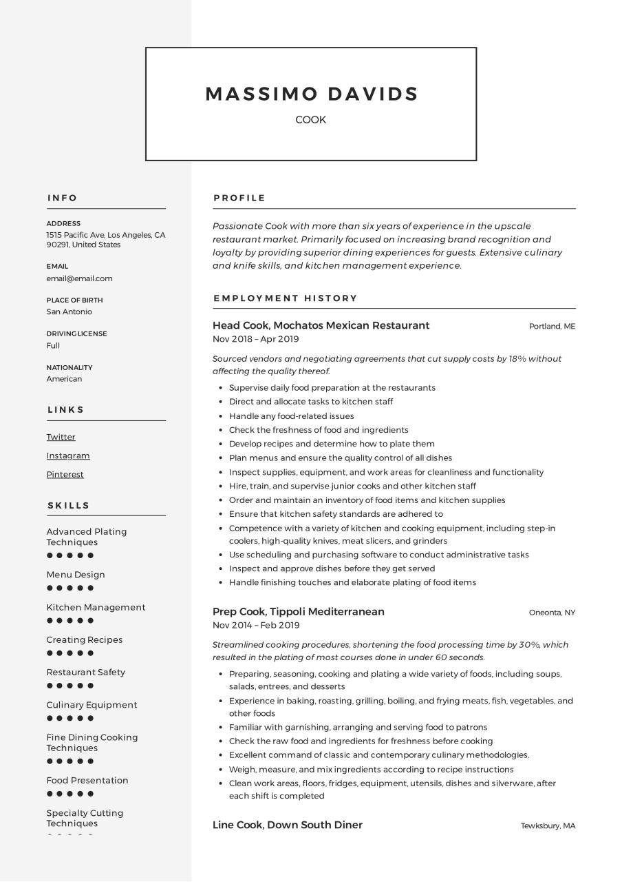 Cook Resume + Writing Guide 12 Resume TEMPLATES 2019