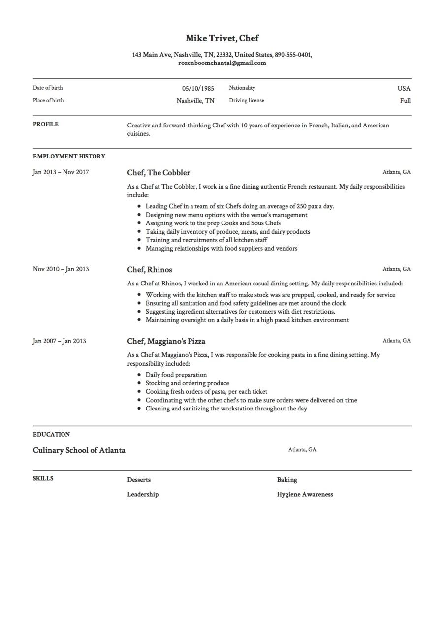 How To Write An Objective For A Cook Resume