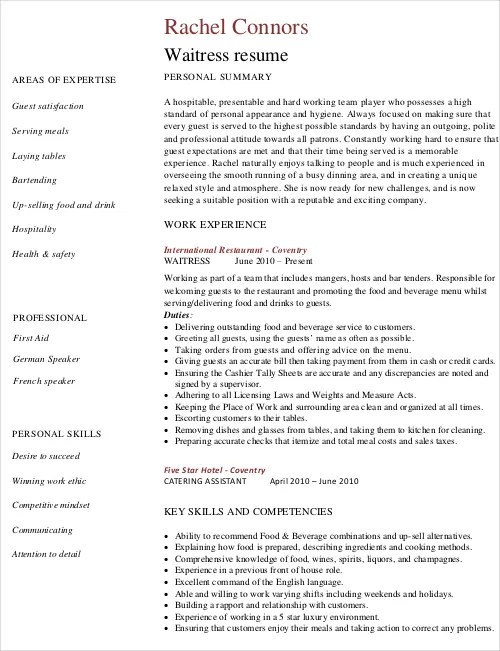 Waitress Resume Template 6+ Free Word, PDF Document Downloads Free