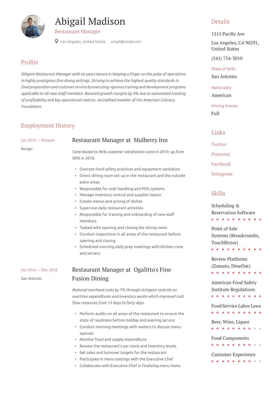 Restaurant Manager Resume & Writing Guide +12 Examples 2020