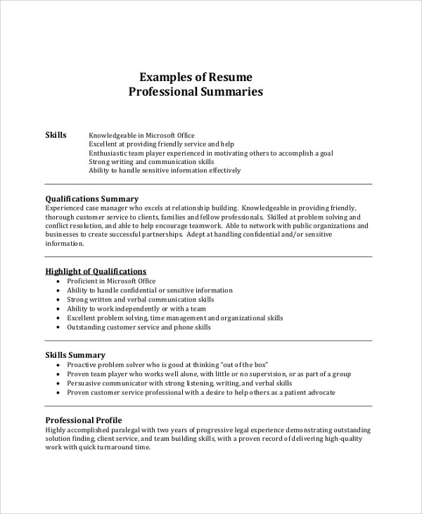 FREE 8+ Resume Summary Samples in PDF MS Word