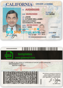 USA state California driver license template in PSD format Shotempl