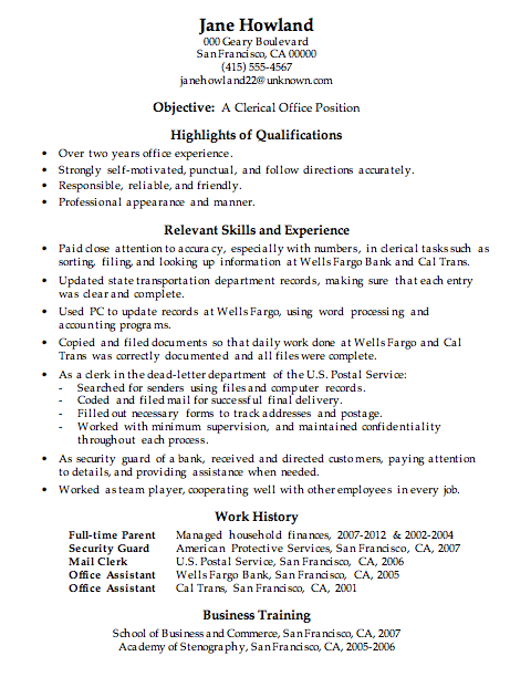 Clerical Job Resume Examples