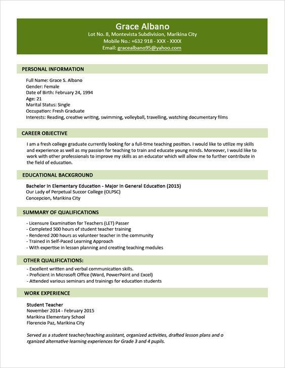 Sample Resume Format For Fresh Graduates With No Experience