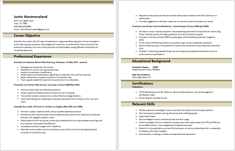 Sample Resume For Production Worker