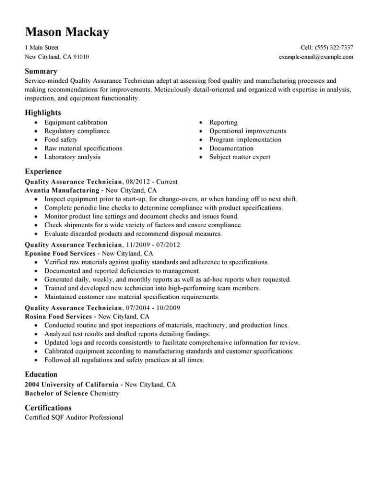 Food Quality Assurance Manager Resume