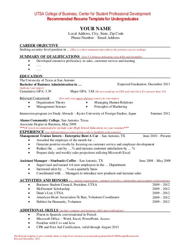 Academic Cv Sample Undergraduate