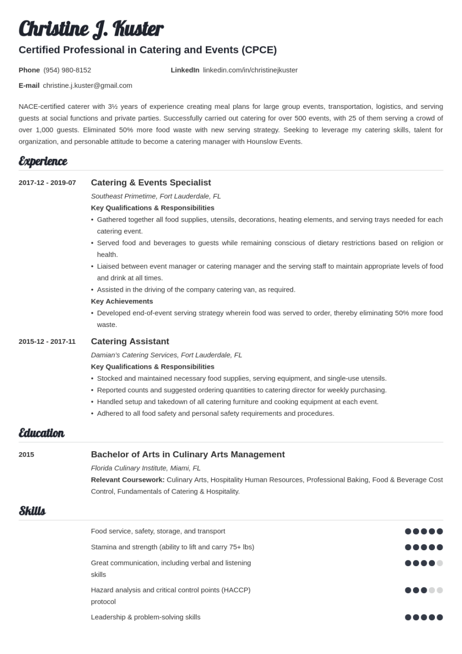 Catering Resume Sample Job Description & Skills