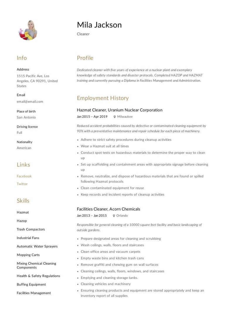 Cleaner Resume Sample No Experience
