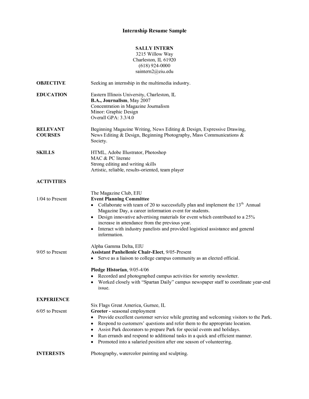 College Student Resume For Internship task list templates