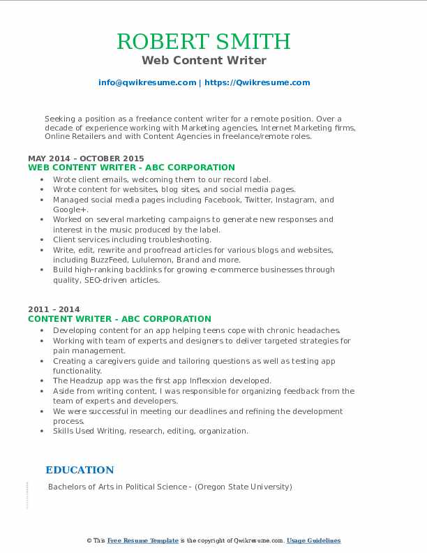 Content Writer Resume Examples