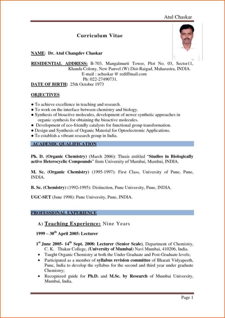 Sample Cv For Teaching Job With Experience
