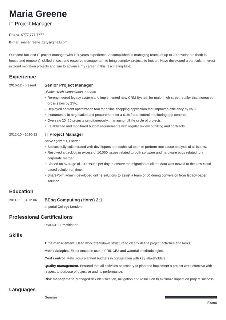 uk project manager cv example template minimo Project manager resume