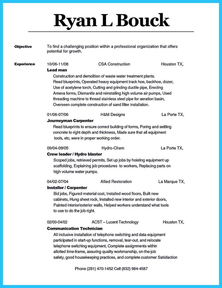 Carpenter Resume Objective Examples