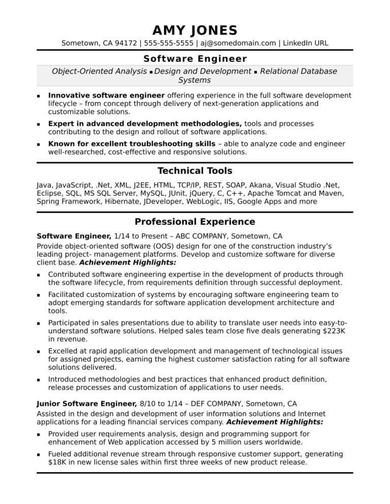 Junior Software Engineer Resume Summary