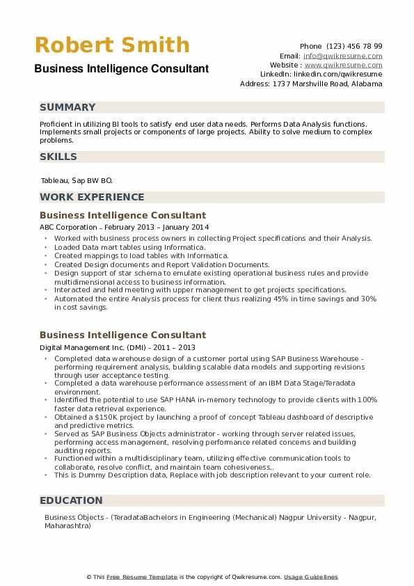 Business Intelligence Analyst Resume Summary