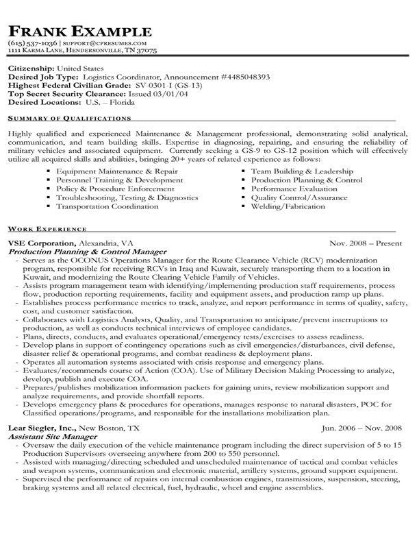Federal Government Resume Samples