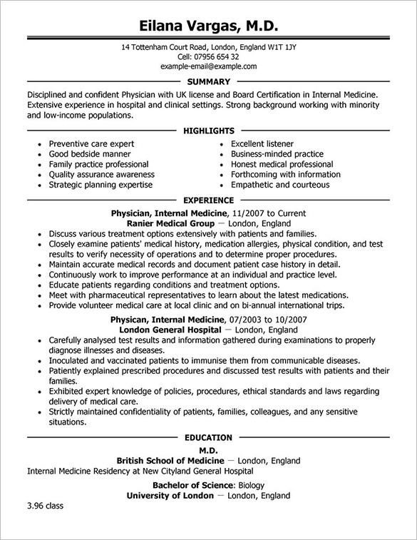 Cv Template Physician Resume Format Medical resume template