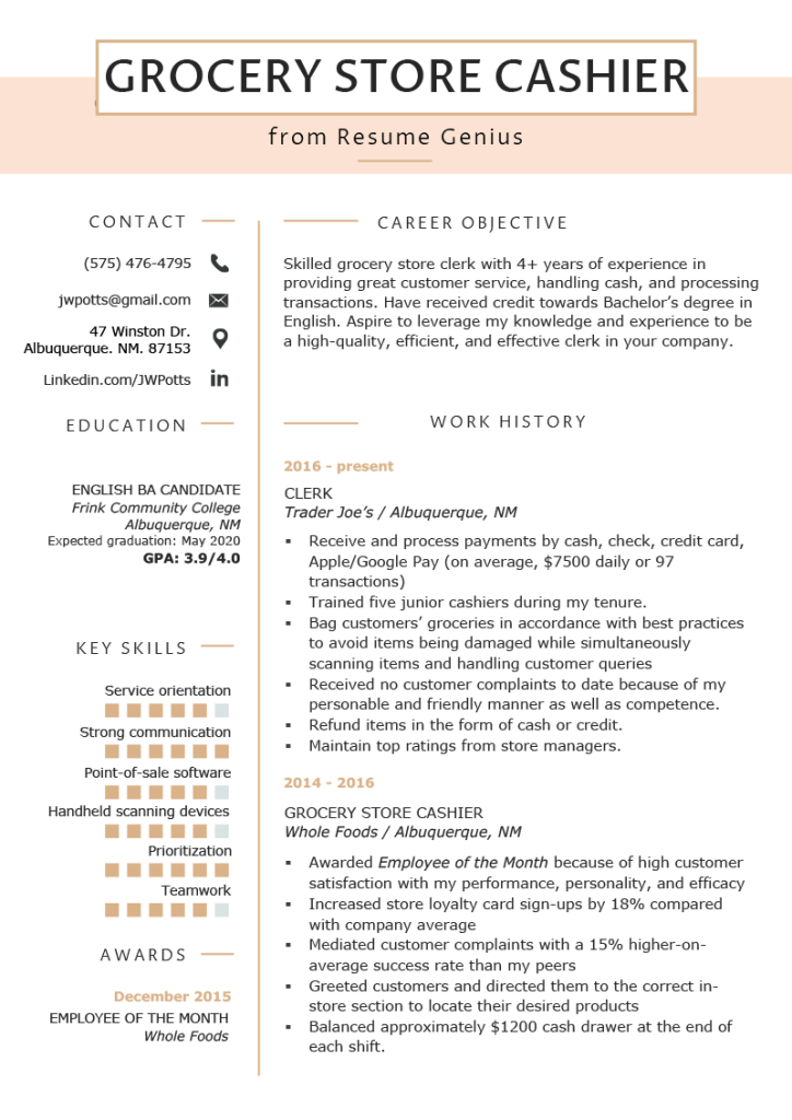 kroger cashier job description for resume