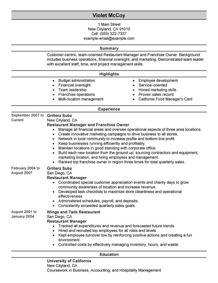 Restaurant Manager Resume Sample Free