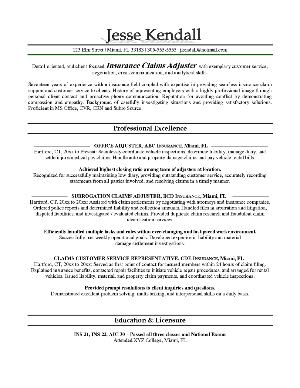 Insurance Adjuster Resume Examples