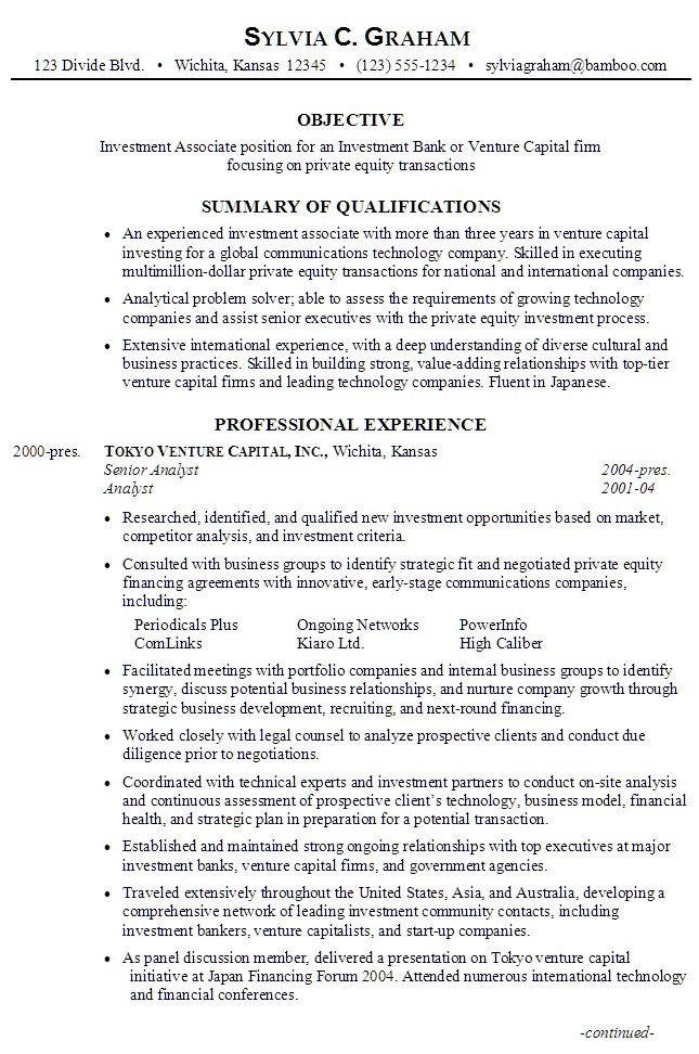 Private Equity Associate Resume Sample