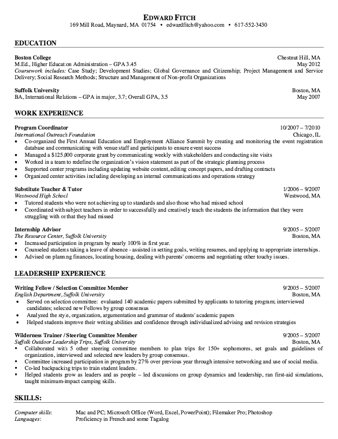 Resume Examples For Higher Education