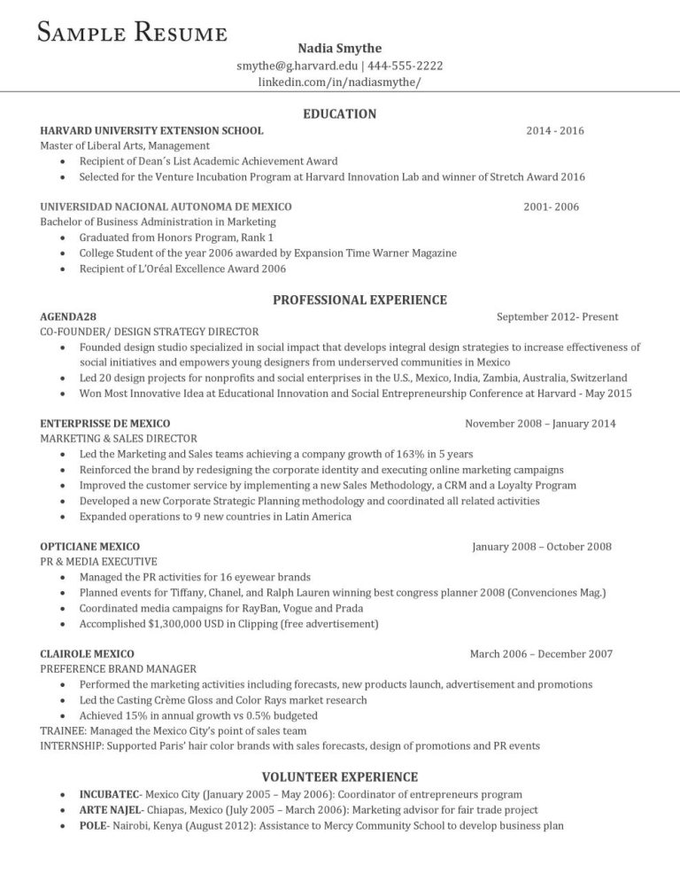 Undergraduate Admission Resume Sample