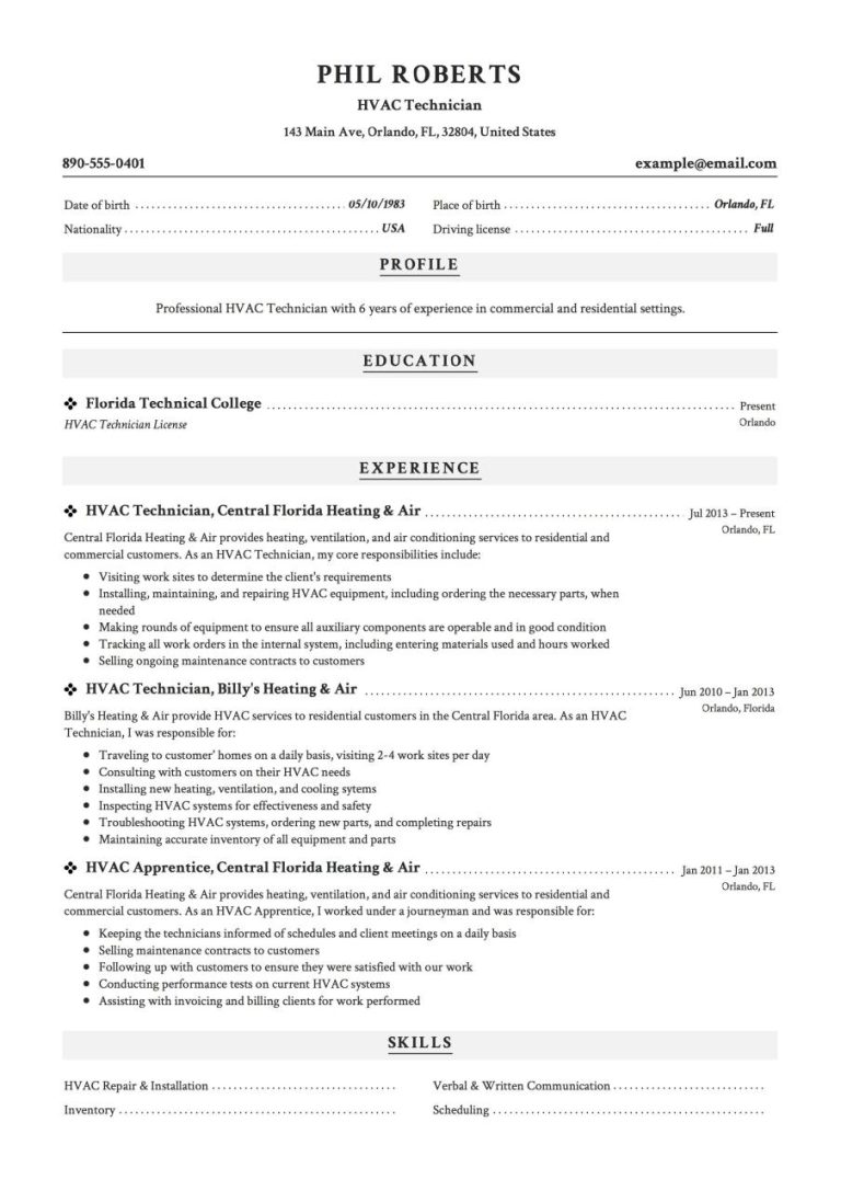 Hvac Resume Objective Examples