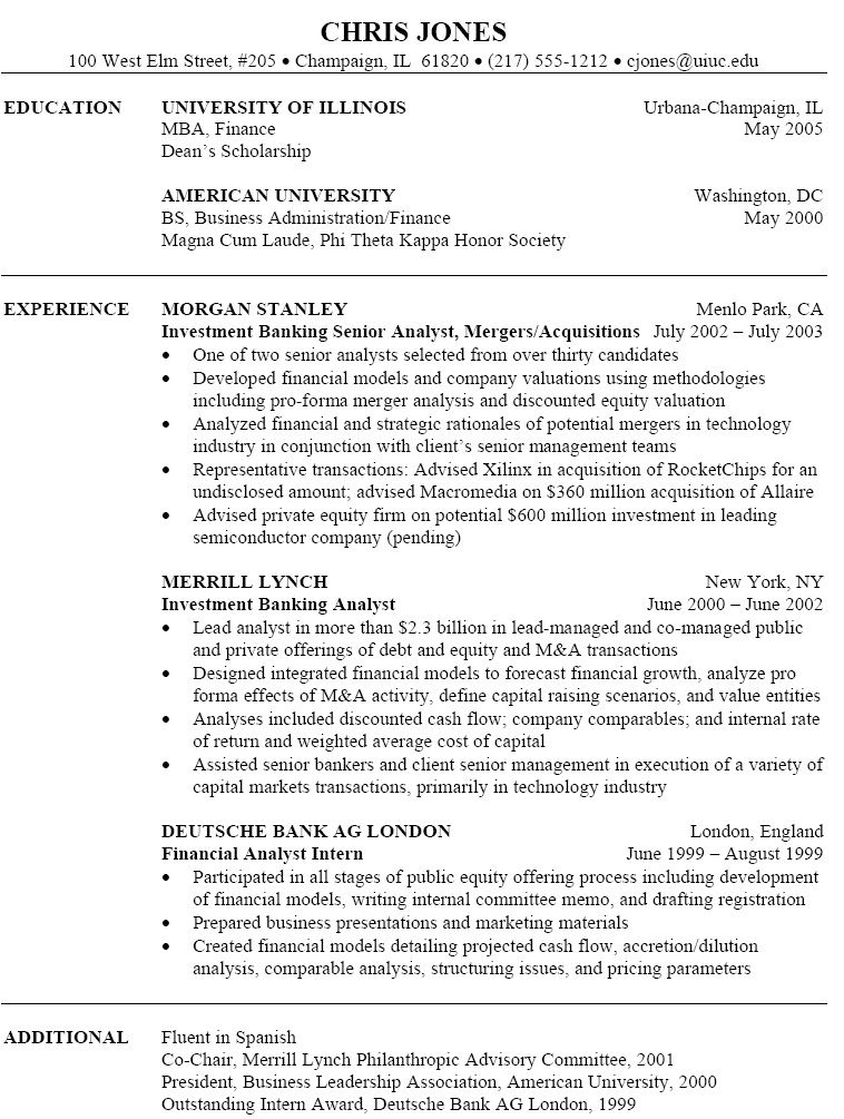 Investment Banking Cv Example