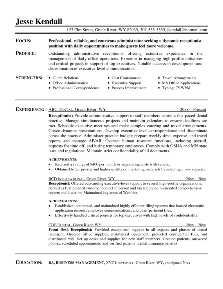 Resume Summary Examples For Receptionist