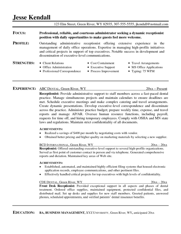 Resume Examples For Front Desk Receptionist
