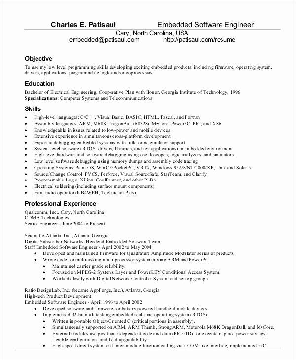 Sample Resume For Experienced Software Engineer Pdf