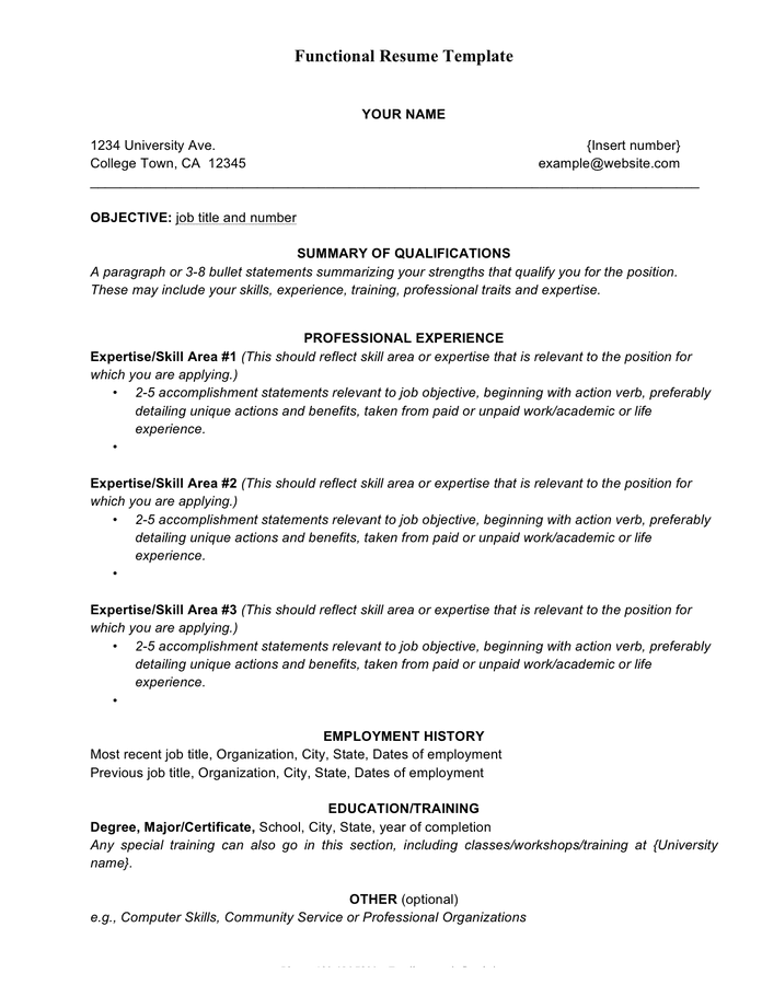 Functional resume template in Word and Pdf formats
