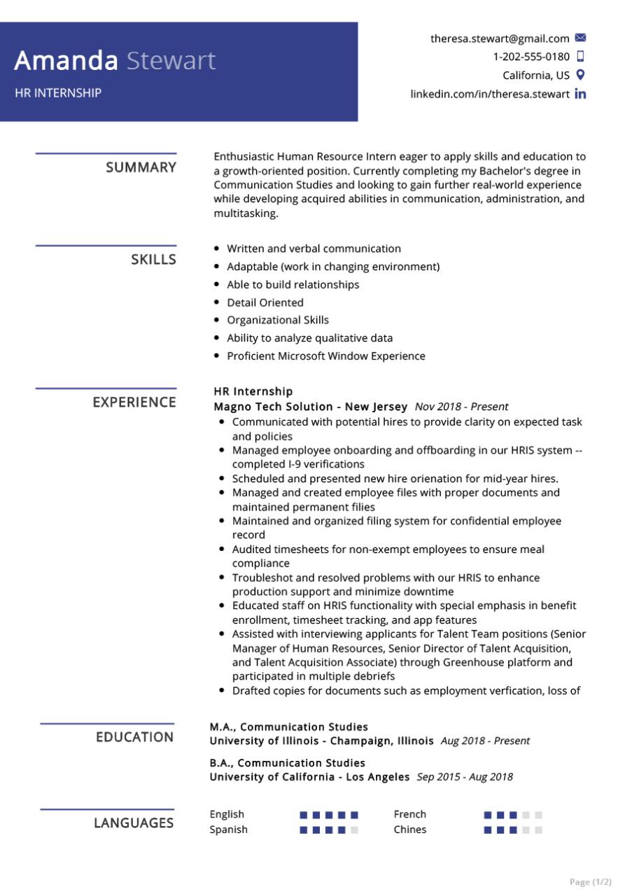 HR Internship Resume Example Resume Sample [2020] ResumeKraft
