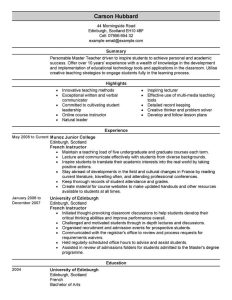 Curriculum Vitae For Masters Application Sample